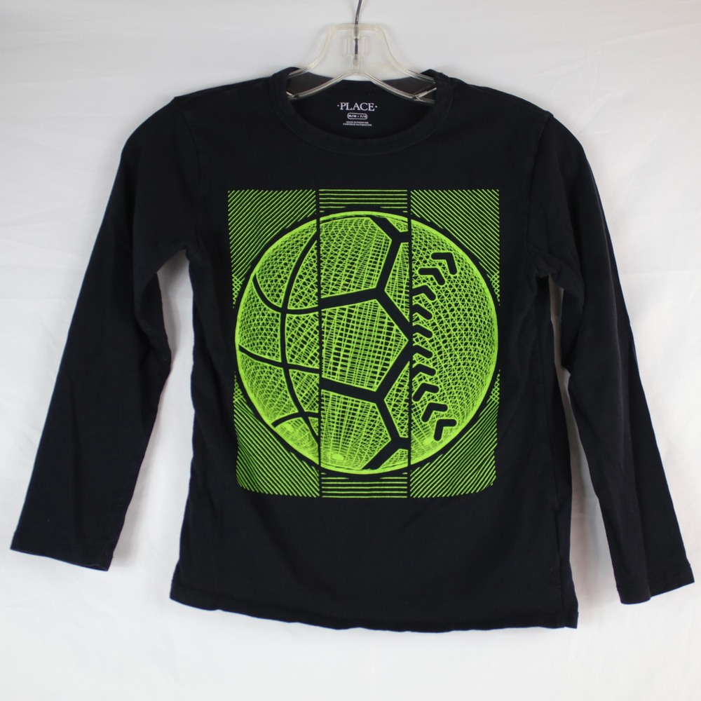 The Children's Place Black Green Sports Long Sleeve Graphic T-Shirt Boys Size M